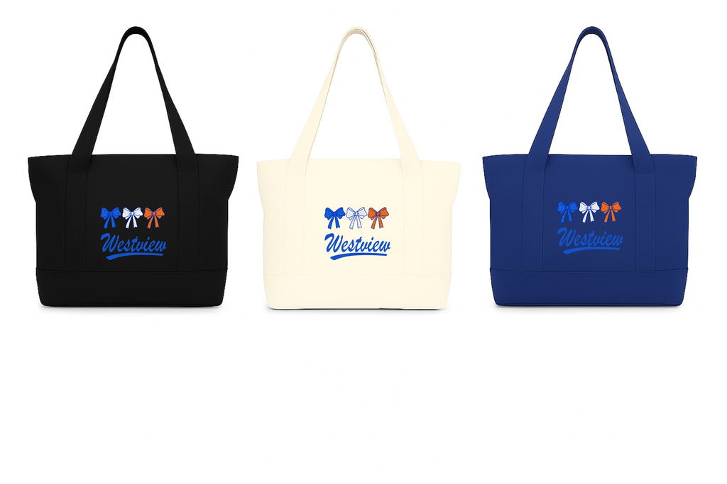 Printed Canvas Tote Bag with an External Pocket and Zipper Closure (Bows, Blue)