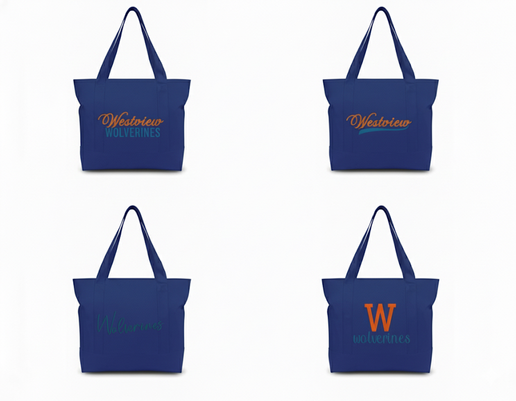 Embroidered Canvas Tote Bag with an External Pocket and Zipper Closure (Script, Blue, Blue)